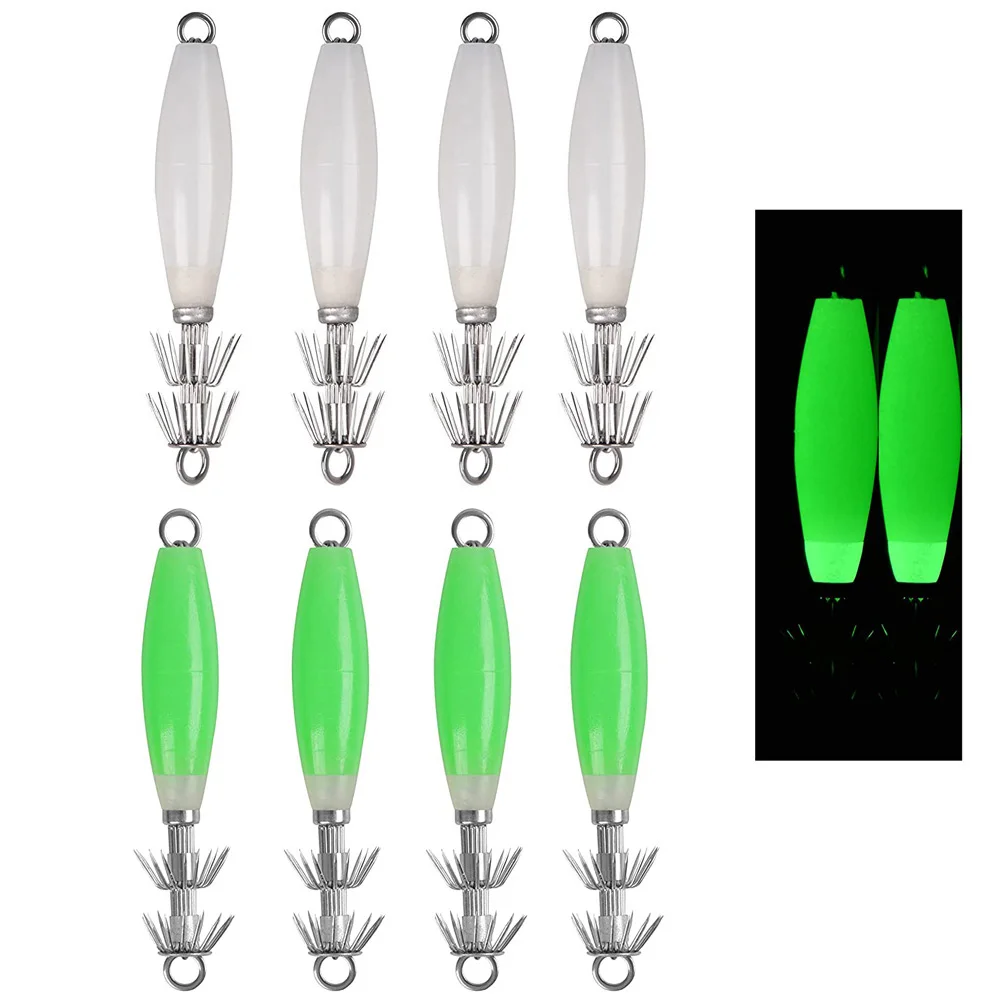 빛나는 오징어 낚시 지그 후크 8 개, 글로우 오징어 후크 바닷물 문어 오징어 낚시 미끼 