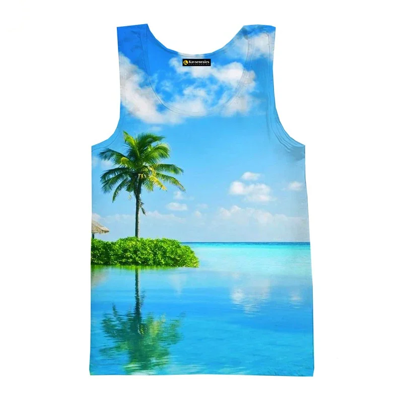 Summer Seaside Beach Landscape Graphic Tank Tops Casual Sleeveless Tee Shirts Streetwear Gym Vest Clothing Men