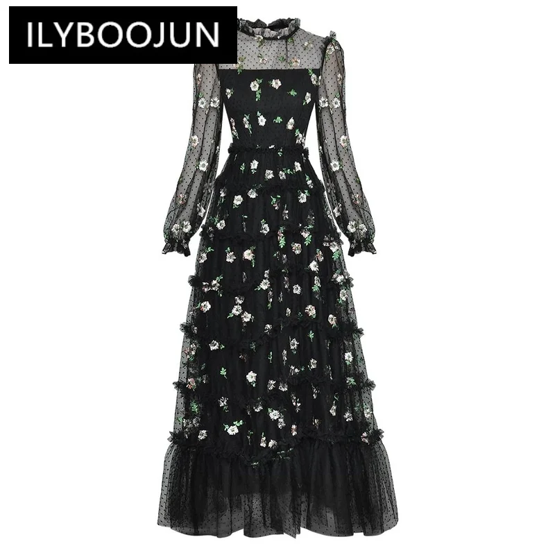 

ILYBOOJUN Fashion Designer Spring Mesh Maxi Dress Women O-Neck Lantern Sleeve Flower Embroidery Bohemian Long Dresses