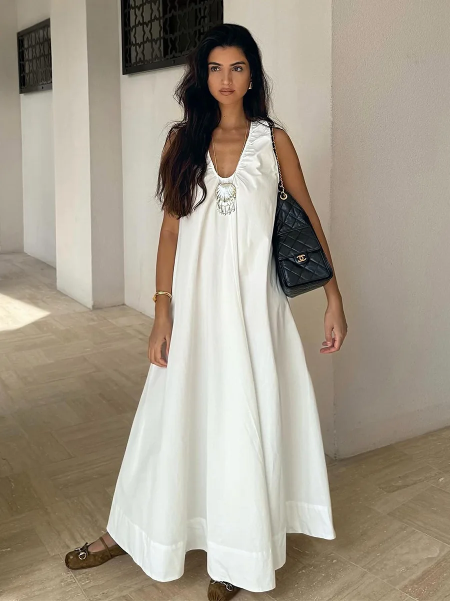 Bornladies Damen 2026 Sommer Neues ärmelloses Kleid aus 100 % Baumwolle, erfrischend, atmungsaktiv, Urlaub, lässig, U-Ausschnitt, lockeres Maxikleid