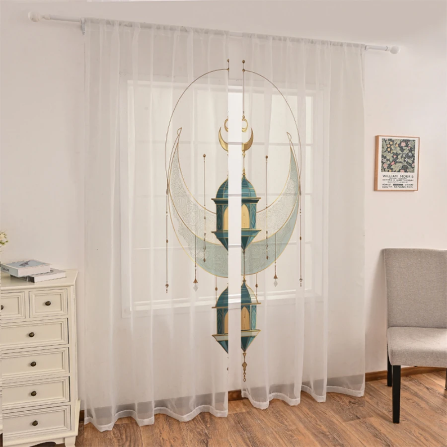 2PCS Digital Print Sheer Curtains, Hanging Moon Green Lamp, Ramadan Serene Celestial for Bedroom Living Room Home Decor
