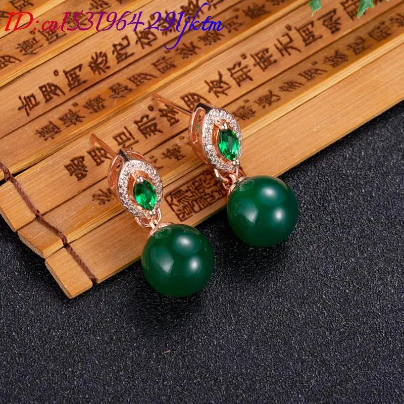 Natural Jade Bead Earrings Fashion Accessories Carved Gemstone Real Jewelry Ear Stud Rose Gold Plated Luxury Stone - view 3