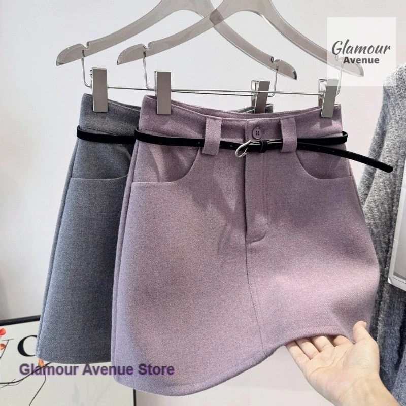 Korean style taro purple Joker woolen material short skirt female autumn and winter new temperament bag hip A Joker skirt