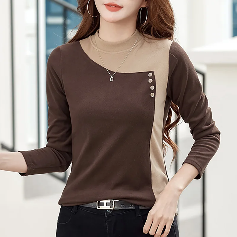 #0378 Spliced Color Long Sleeve T Shirt Women Half Turtleneck Slim Thick Warm Autumn Winter T Shirt Buttons Tee Shirt Femme