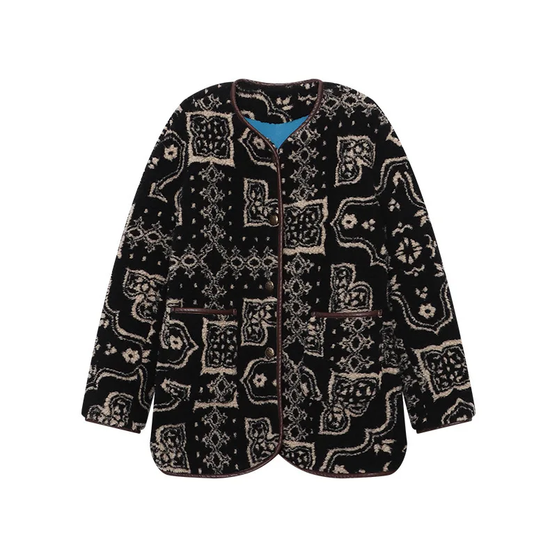 

Winter Thick Paisley Fleece Jacket Women V-Neck Single Breasted Loose Vintage Warm Coat