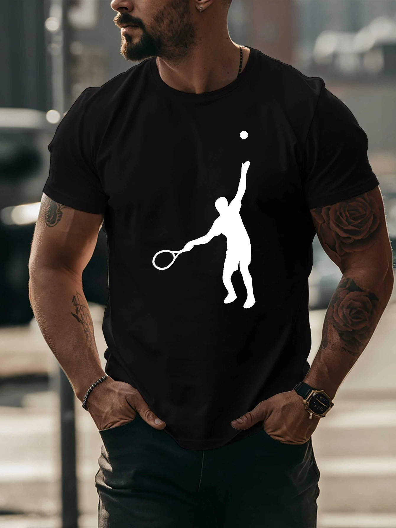 Men Short Sleeve Crew Neck T Shirt Tennis Serve Player Silhouette Graphic Sport Theme Casual Cotton Outdoor Daily Wear Tee