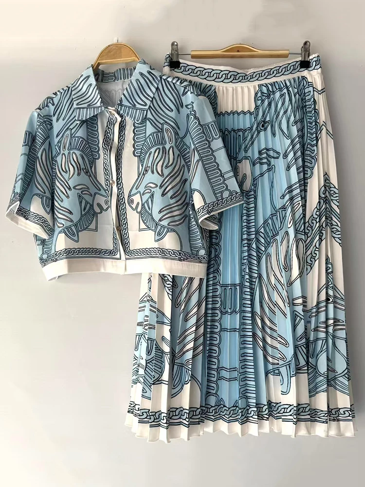 2026 Summer Women's Retro Geometric Print Lapel Short Shirt Two-piece Set+High Waist Loose Large Size Pleated Skirt Fashion Set