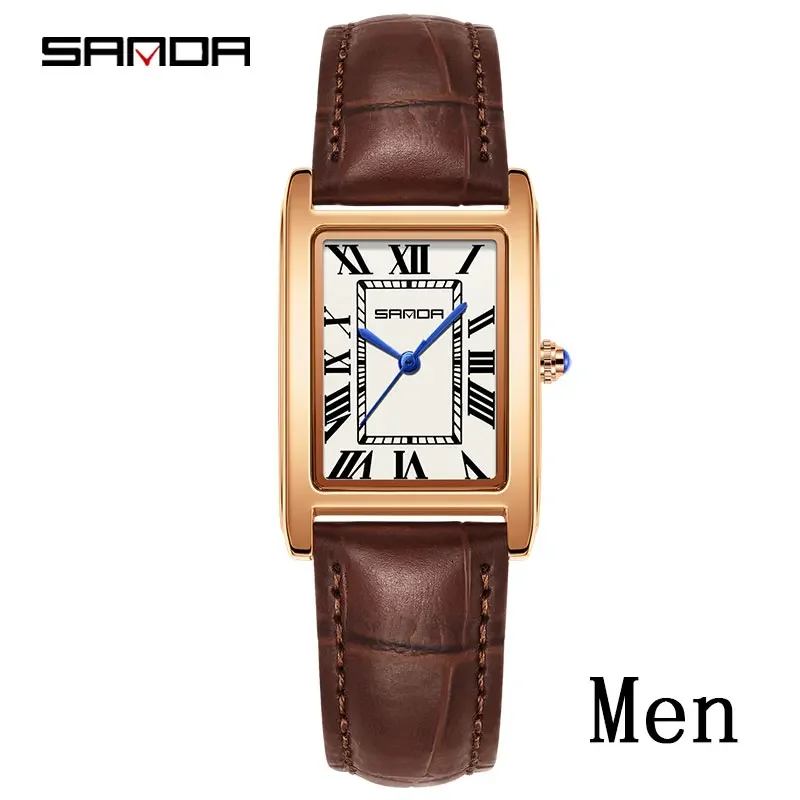 SANDA Luxe Tank Paar Horloge Slijtvaste Lederen Band Vierkante Wijzerplaat Waterdichte Sport Casual Vrouwen Mannen Quartz Horloges Reloj