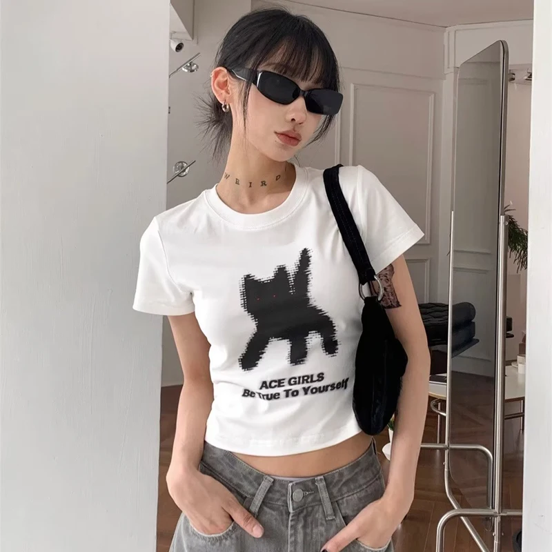Harajuku Pixel Cat Print Cuteore  Short T-shirt Sexy Navel Fashion Blouses  Summer Slim Short Sleeved Streetwear Women Top Ins