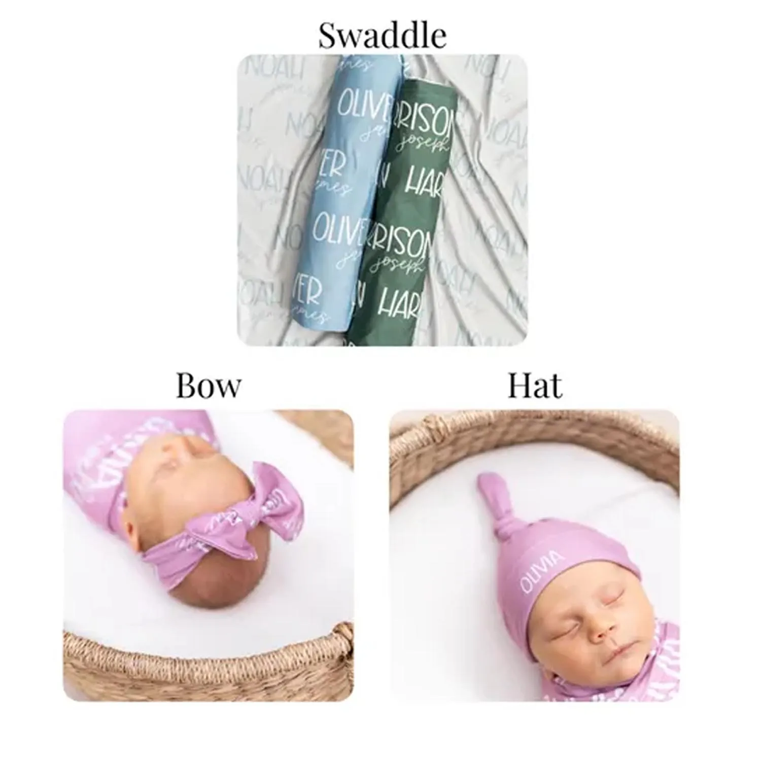 Conjunto de swaddle com nome personalizado LVYZIHO, chapéu de bebê swaddle, laço