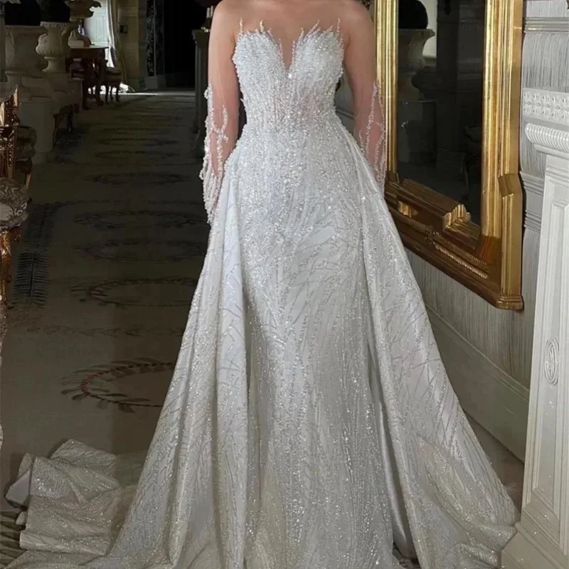 Sirena personalizzata 2025 Abito da sposa maniche lunghe treno staccabile Abito da sposa Abiti da sposa Appliques Robe de mariée