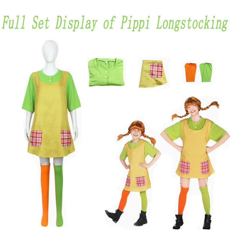 Pippi Langstrumpf Cosplay-Kostüm Komplettset Grünes T-Shirt Schürze Bunte Strümpfe Halloween Buchfigur-Outfit