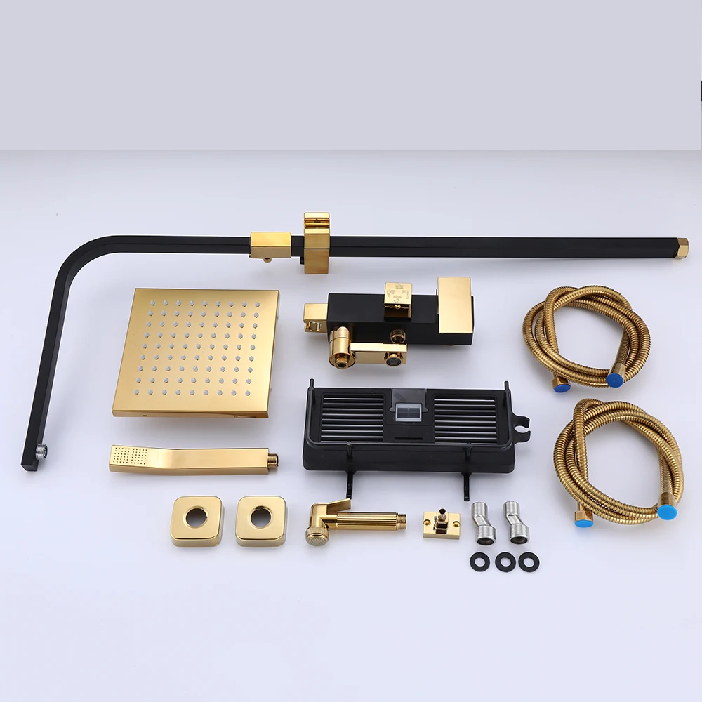 Black Gold Shower Faucet Set Rainfall Metal Bathroom Mixer Tap Bathtub Metal  4-way with Bidet and Shelf