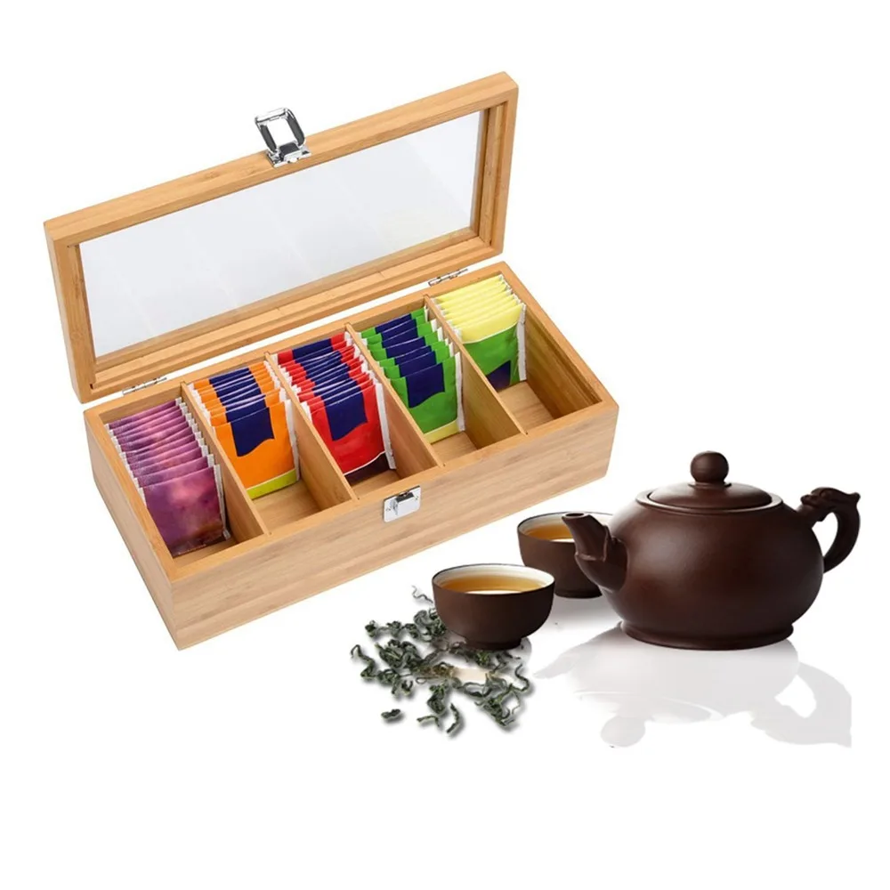 Durable 5 Compartments Tea Bag Storage Box Clear Lid Multifunctional Storage Box Display Organizer Box For Sugar Packets
