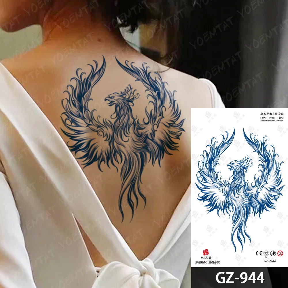 Semi-Permanent Chinese Phoenix Carp Waterproof Temporary Tattoo Stickers Juice Ink Lasting Herbal Fake Back Tattoos Women Men