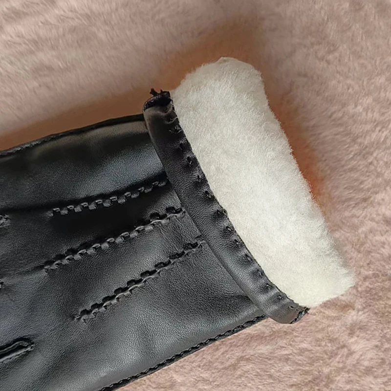 Guantes Térmicos de piel de oveja para hombre, manoplas forradas de lana de cordero, gruesas, de cuero Real, para conducir, para otoño e invierno,