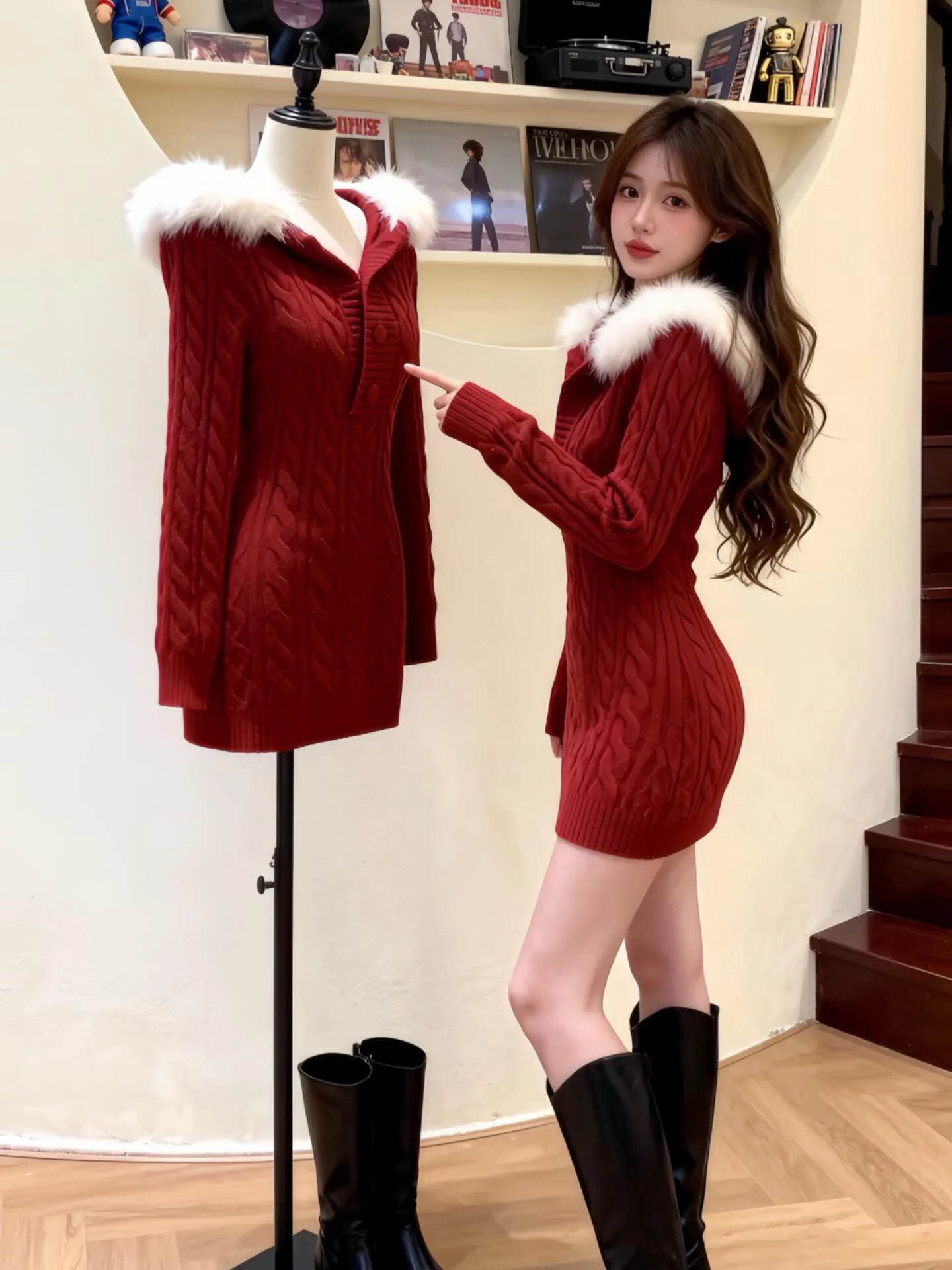 

Sexy New Year's Battle Dr Red Knitted Wrap around Skirt with Fur Collar Long Sve Casual Warm Knitted Dr for Women