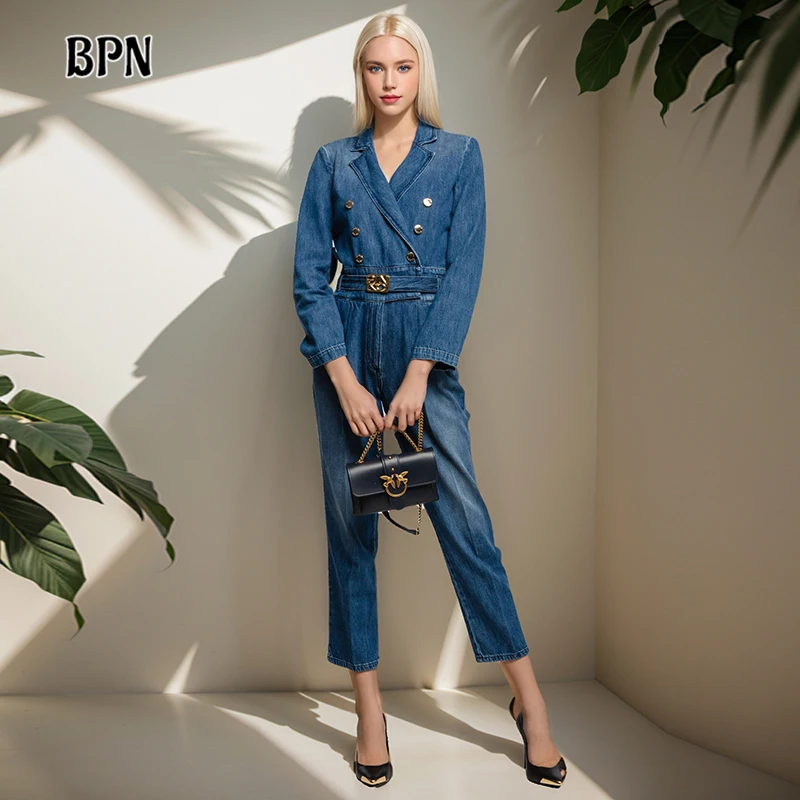 

BPN Solid Patchwork Button Denim Jumpsuits For Women Lapel Long Sleeve High Waist Spliced Belt Minimalsit Jumpsuit Female New