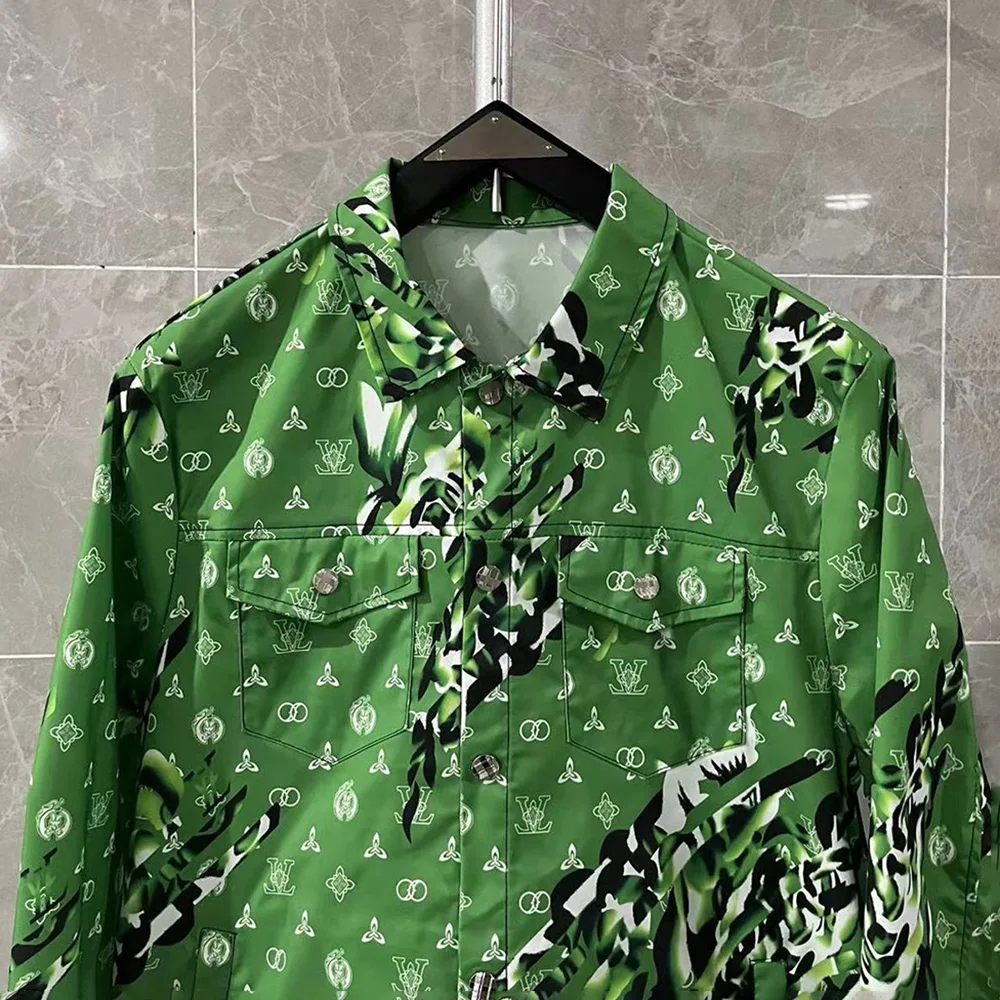 Mens Shirts Personality Pattern Full Print Trendy Green Lapel Pocket Button Design Jacket Casual Retro chic Tops New 2024 Summer