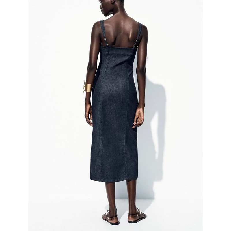 Verão novo feminino midi dr botão decoração redonda ne svel ampla alça de ombro denim dr cintura alta fibra de poliéster