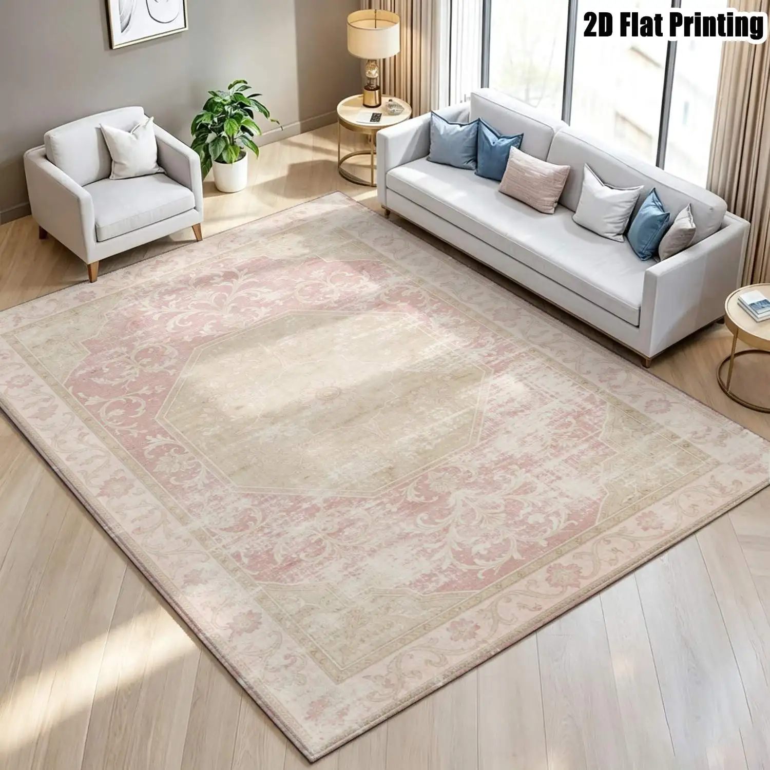 1Pc 2D Printed Pink Retro Floral Pattern Carpet: European Retro Geometric Style, Home Decor, Multi-Size, Machine Washable, Suitable for Entrance, Dining Room, Foyer, Living Room, Bedroom