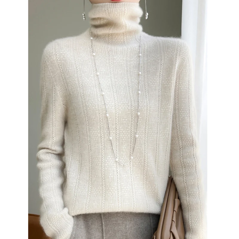 100% Wool Cashmere Sweater Women Turtleneck Long Sleeve Tops Knitted Pullovers Autumn Winter Casual Loose Clothing Warm Jumper