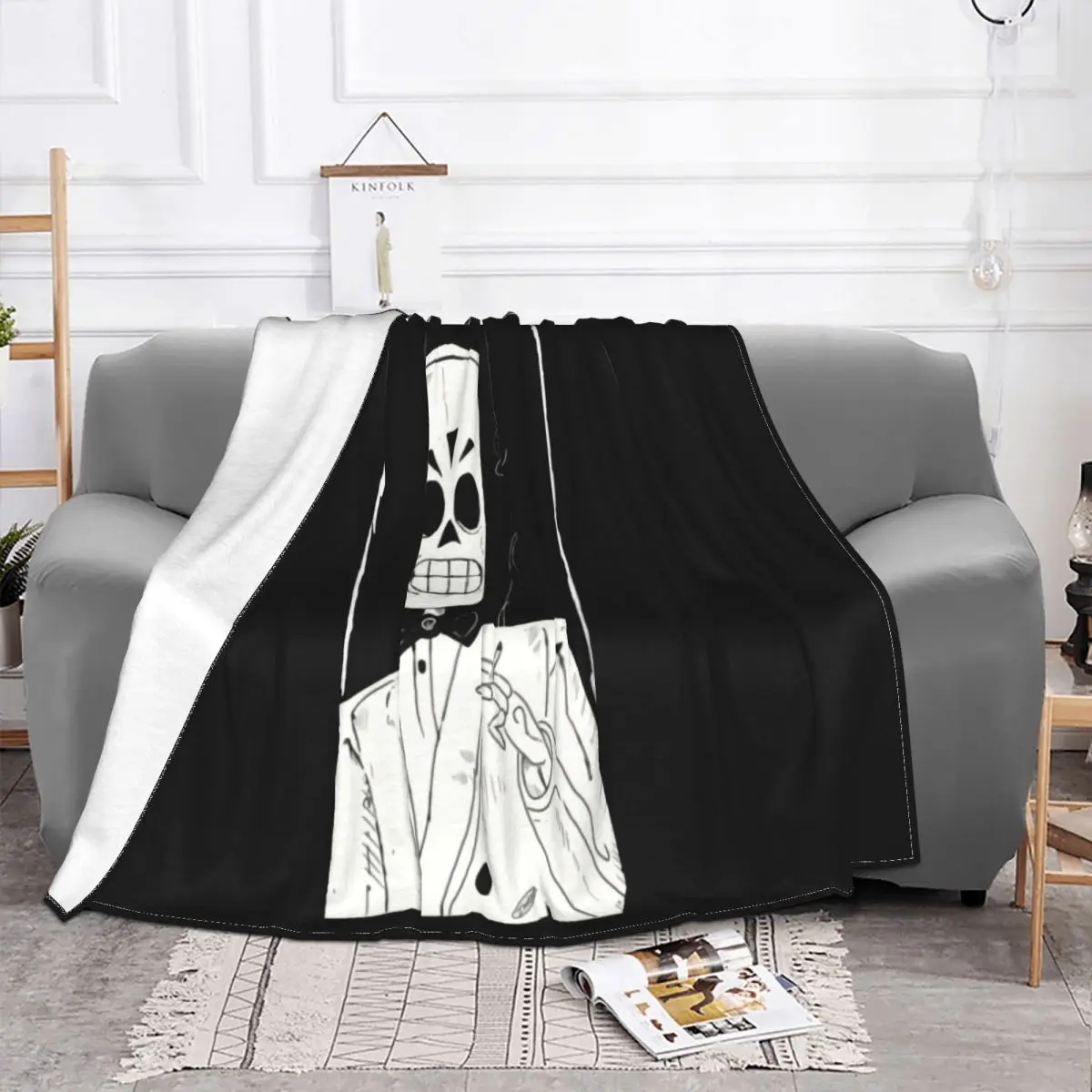 Grim Mug Grim Fandango Manny Skeleton Game Sketch Black White Women Men Male Streetwear Middle Aged Throw Blanket