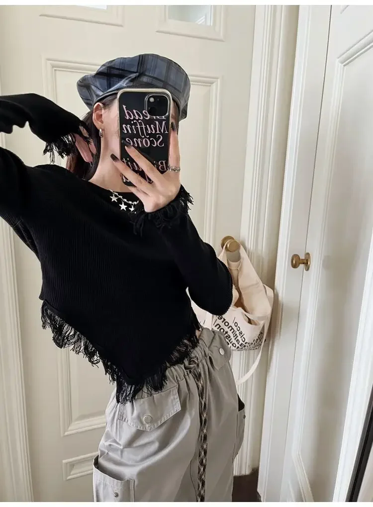 

Y2k Cropped Pullovers Women Clothing O-neck Tunic Irregular Jumper Sueter Mujer Fashion Casual Tassel Knitting Sweater Tops