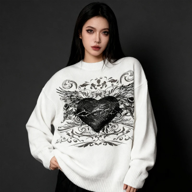 

Street y2k knitted sweater with Gothic heartbreak and wing patterns, unisex avant-garde streetwear warm sweater