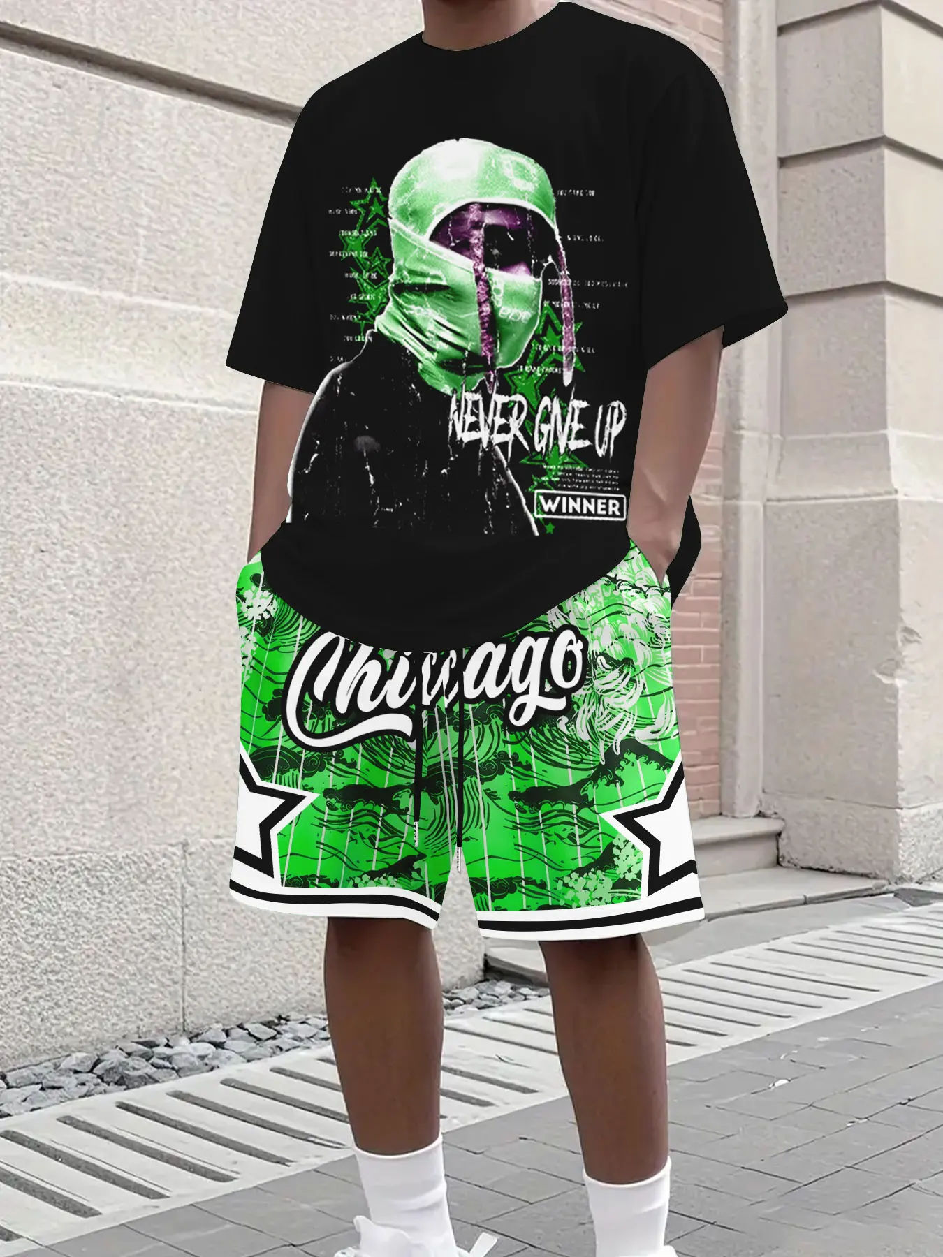 

Urban Street Style Men's 3D Graphic Print T-Shirt with Graffiti Art Lettering and Comfort Fit Stretch Shorts Outfit