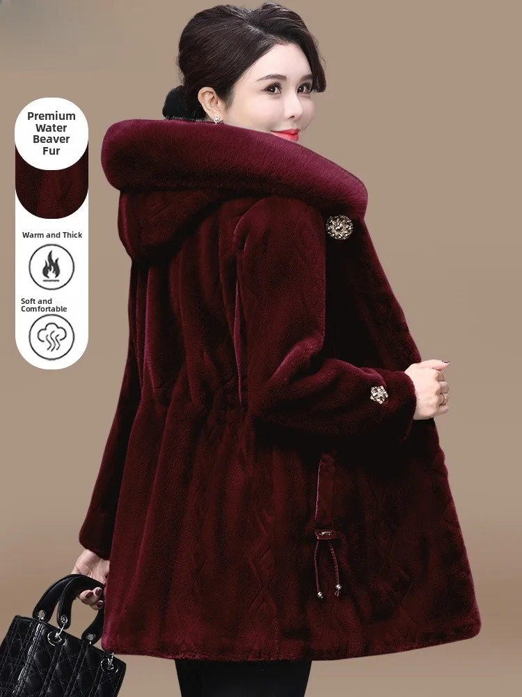 

Sli Mink Velvet Coat Ele Middle-Aged Women's Autumn Winter Mid-Length Fur Leather Inteated Fur Coat for Mom