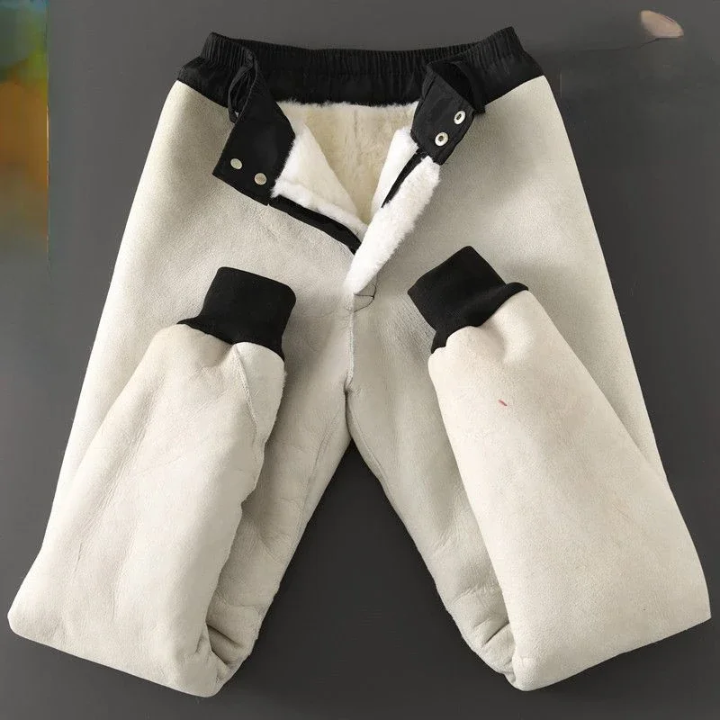 Whole Genuine Sheepskin Warm High Waist Leather Pants Men Women Pure Wool Cotton Trousers Fur Underwear Pant New Winter Clothing