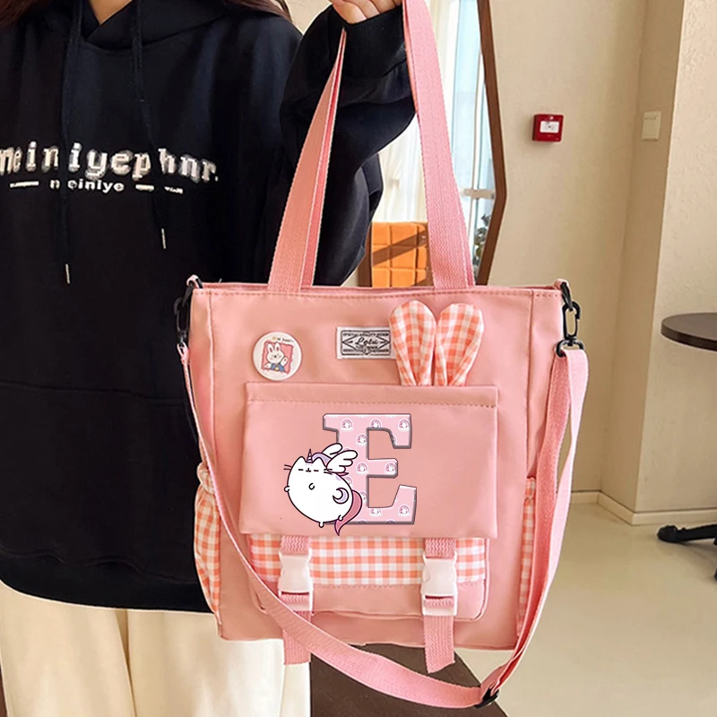 Pusheen Women Nylon Tote Bags Anime Fat Cats Printed Letter A-Z Rabbit Ears Shopping Carrying Bag Outfit Shoulder Handbags Gift