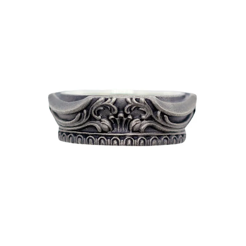 Vintage Carving Flower Crown Ring Male Jewelry Trendy 925 Silver Ring For Men Finger Accessories Adjustable