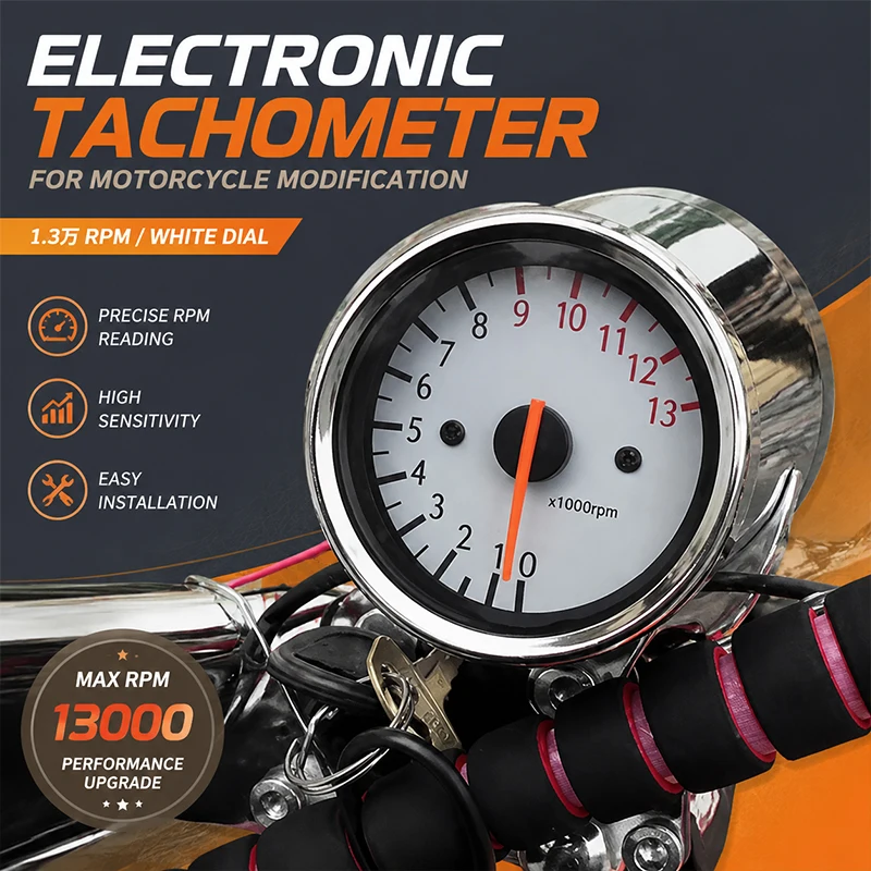 13000 RPM Inductive Motorcycle RPM Tachometer White Dial Pointer Meter Halogen Backlight Universal