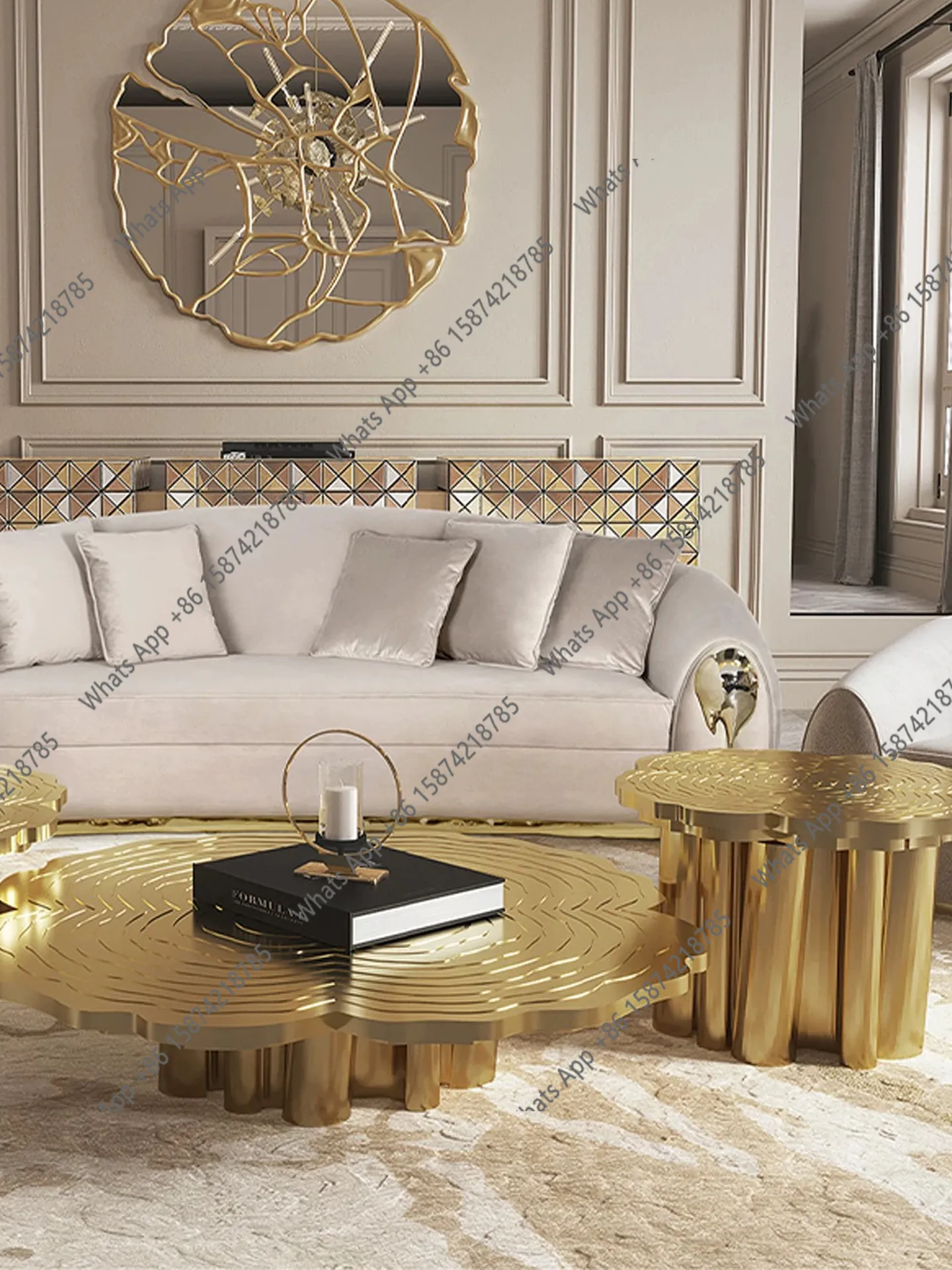 Stainless steel combination coffee table, high and low special-shaped etched countertop, several tree roots, villa creative