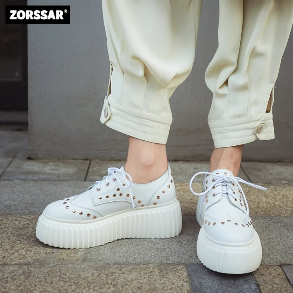 

Women Sneakers Cow Leather Rivet Light White Sneaker Female Platform Vulcanized Shoes Spring Casual Breathable Sports Shoes