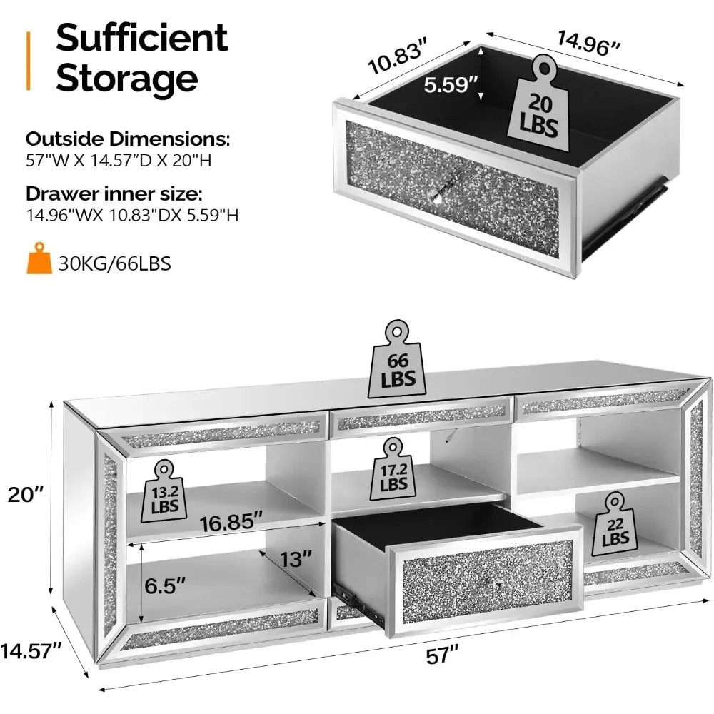 Mirrored TV Stand with Sparkling Diamonds & LED Lights for TVs Up To 65 Inch, Assembled Modern Entertainment Center with Drawer