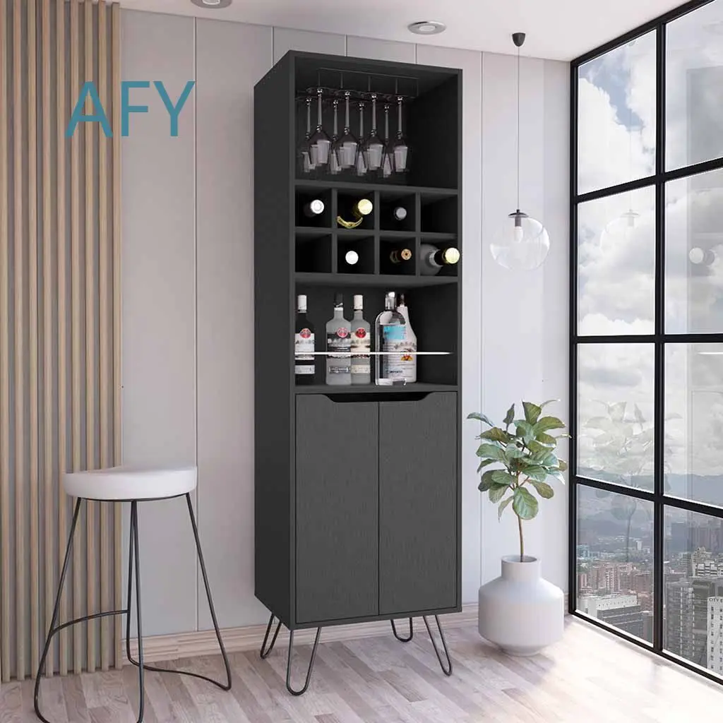 Zamna H Bar Cabinet for Wine Storage with 8 Built-In Wine Racks 4 Legs 4 Shelves Double Door Design Home Bar Furniture