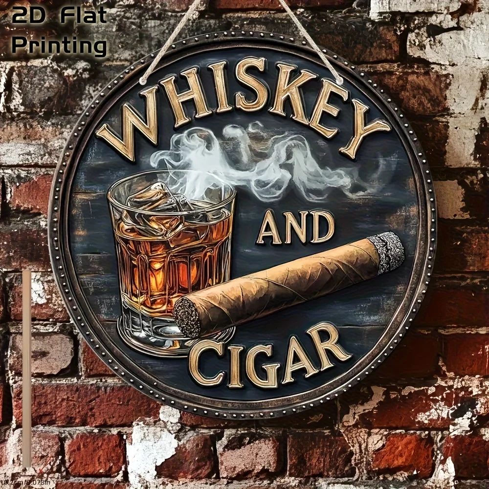 Placa de arte de pared circular plana 2D, 1 whisky marrón vintage y cigarros, decoración de bar en casa