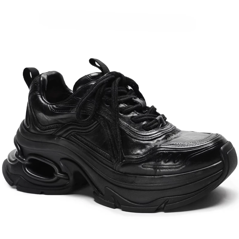 Washed Horsehide Retro Designer Daddy Shoes for Women's Comfortable Chunky Sneakers Height Increasing Shoes Casual Sports Shoes