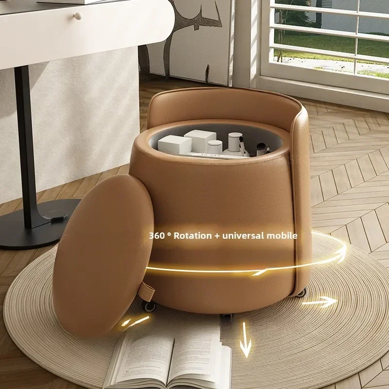 Solid Wood Rolling Makeup Stool with Backrest, Simple Luxury Wheeled Storage Vanity Stool, Multi-purpose Low Stool for Makeup De