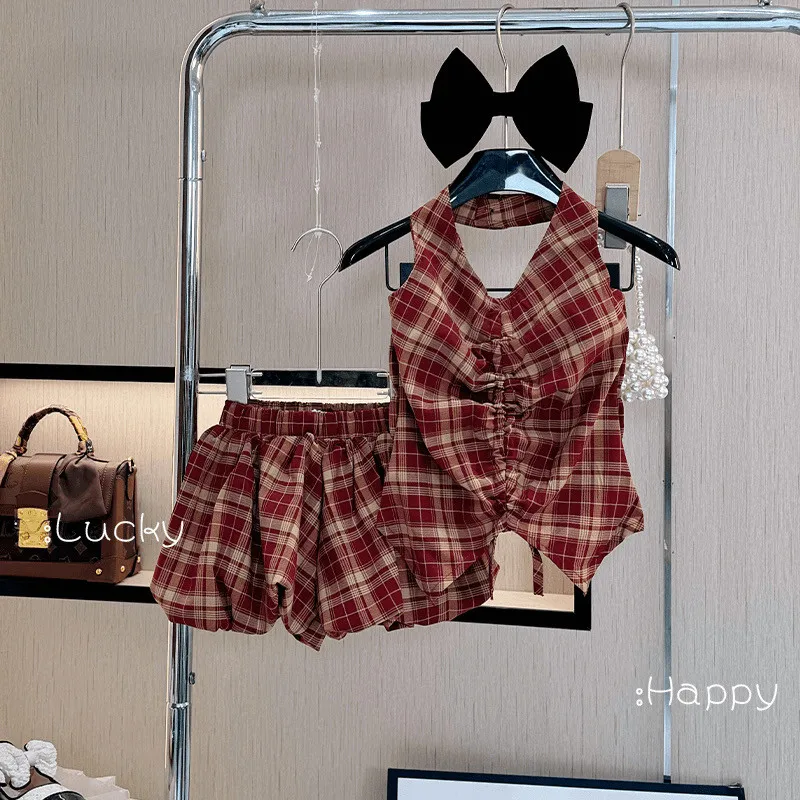 Girls' Summer Set New Style Children's Baby Summer Stylish Hanging Neck Top+Shorts Two Piece Set