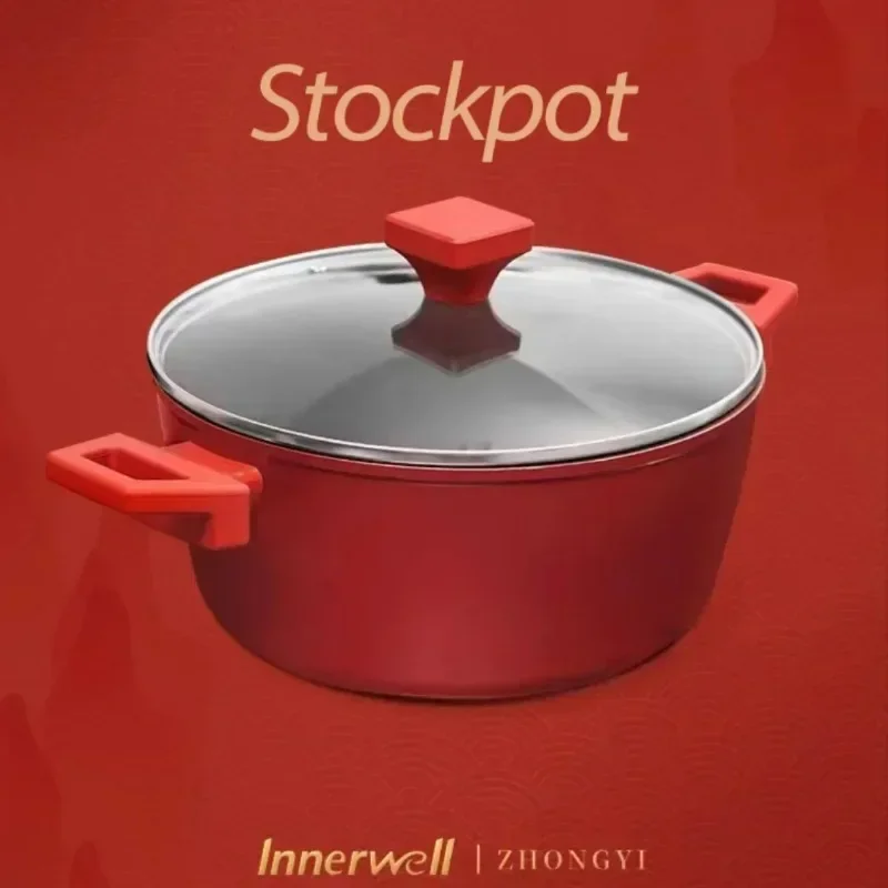 Innerwell Stock Pot Soup Pot Pan Chicken Seafood Stewpot Glass Lid 24cm Nonstick Cookware Kitchen Nutritious Gourmet Cooking Pot