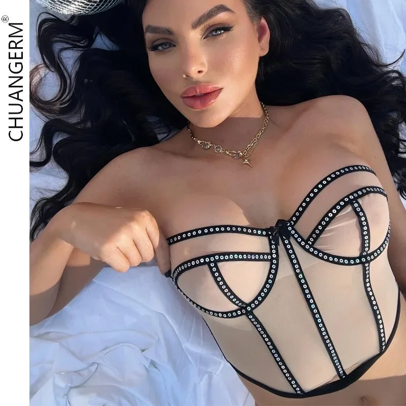 

CHUANGERM Sexy Bandage Corset Fishbone Crop Top Sequins Niche Design see-through Mesh Sexy Hottie Slimming Bustier Top Onlyfan