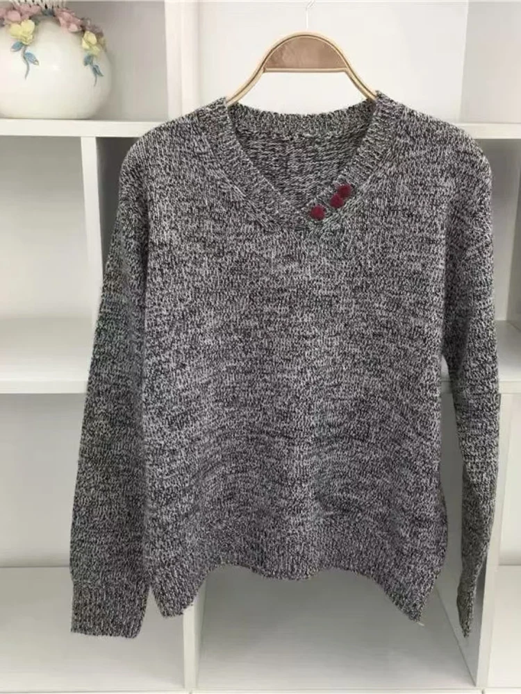Maglione lavorato a maglia V-ne da donna Morbida pelliccia d'orso Filato misto Dimagrante All-match Overhead Lungo Sve Calore Riscaldamento Autunno Inverno