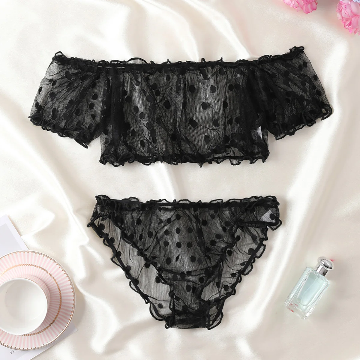 Sexy Women Underwear Lace Dots Wire Free Lingerie Set Off-Shoulder Small Chest Bralette+Thong Beachwear Transparent Mesh Bra Set