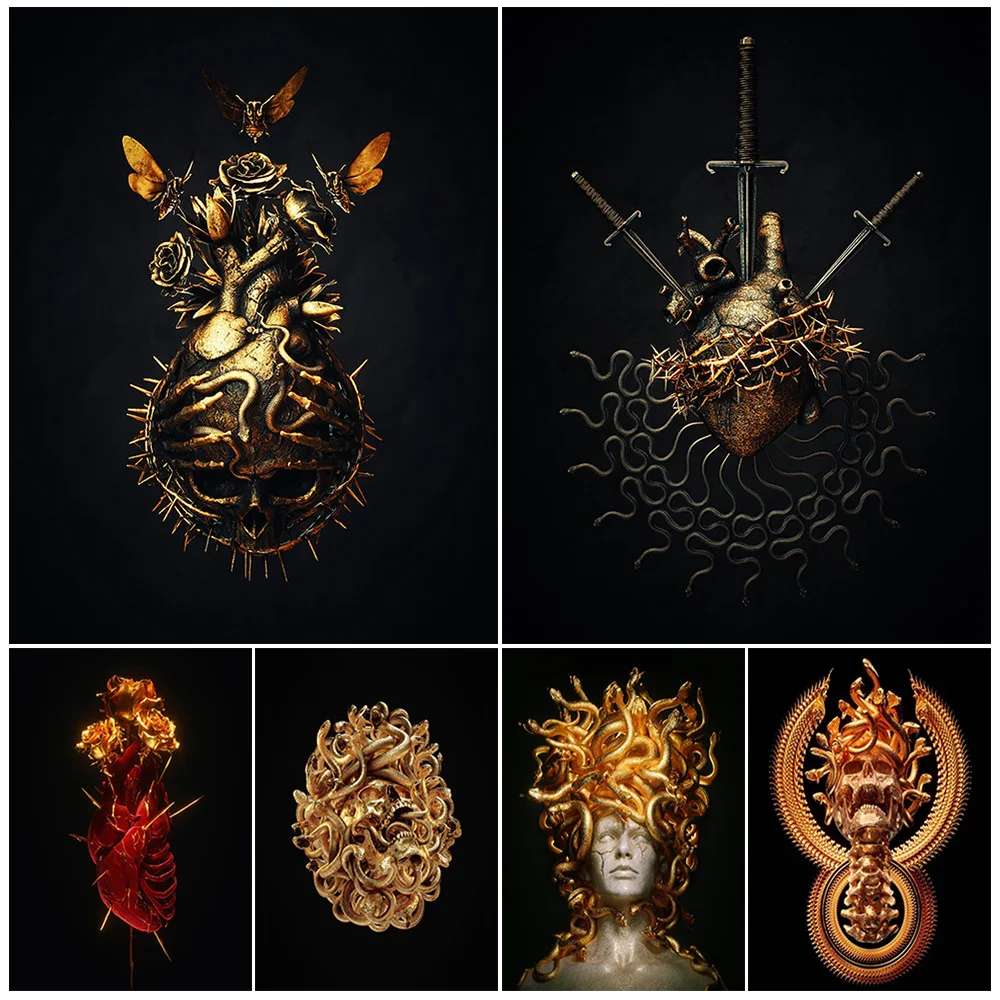 

Crown Of Thorns,Sacred Heart,Three Swords,Abstract Wall Art Canvas Painting Golden Medusa Skull Fantasy Art Poster Print Decor