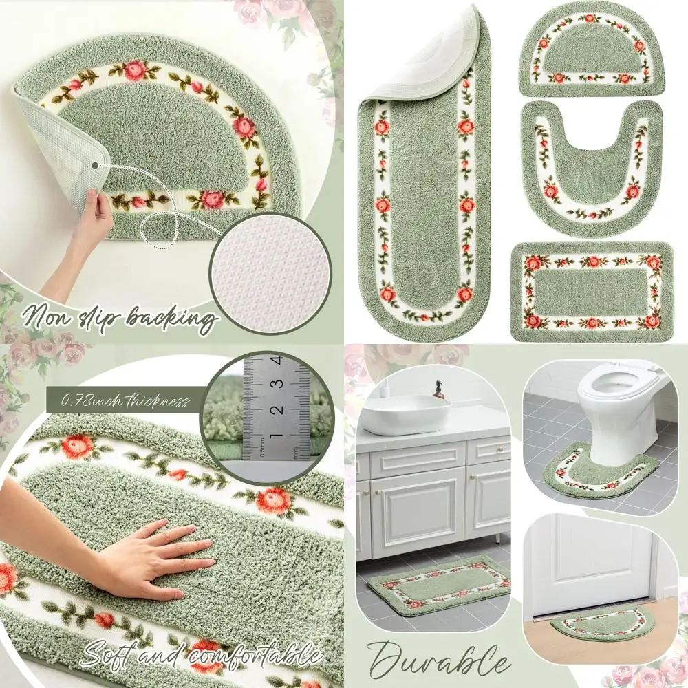

4-Piece Rose Floral Bathroom Rug Set - Coquette Style, Non-Slip, Absorbent, Washable, Green for Home & Hotel