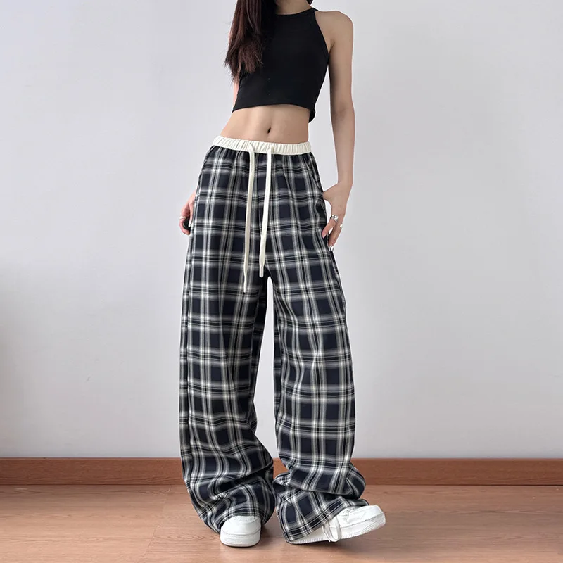 

Lazy retro street plaid pants women's 2025 new loose straight black and white plaid casual trousers